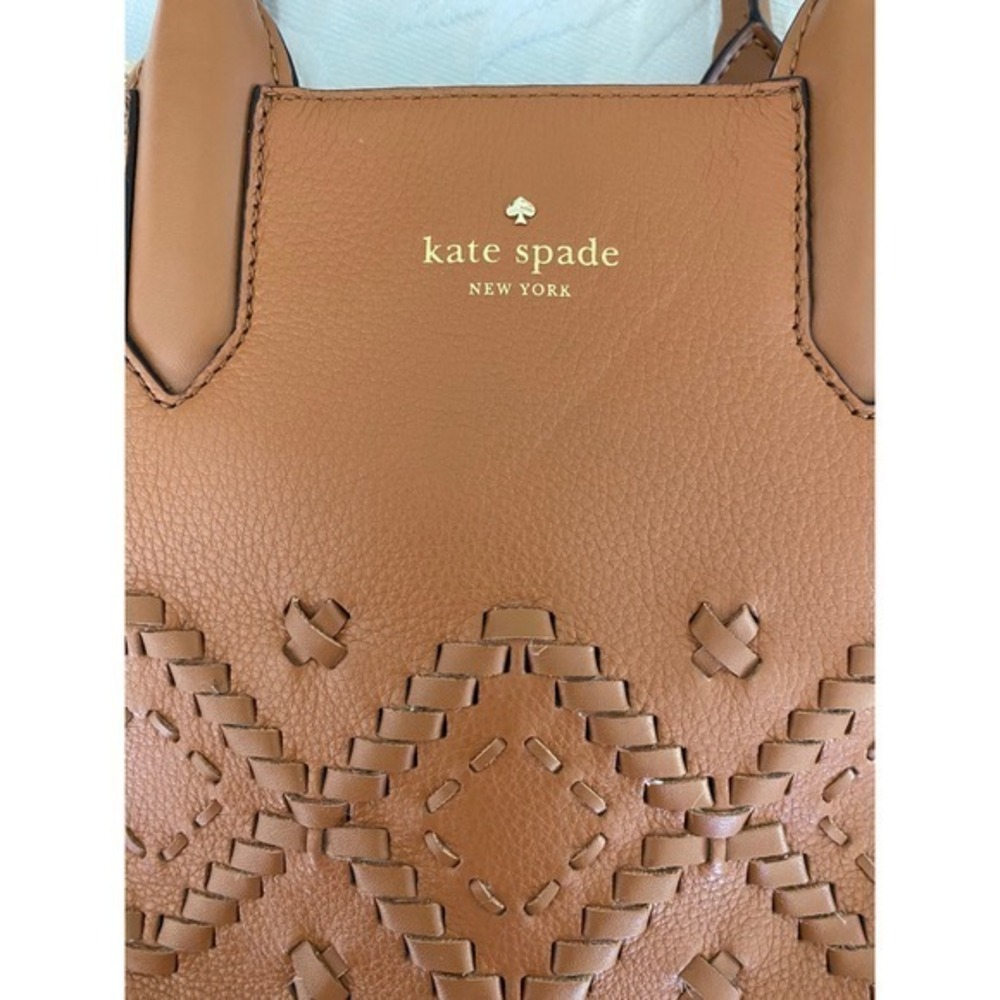 Kate Spade Bag Meriwether Flynn Crossbody Satchel Cognac Brown Woven Leather - Picture 4 of 12